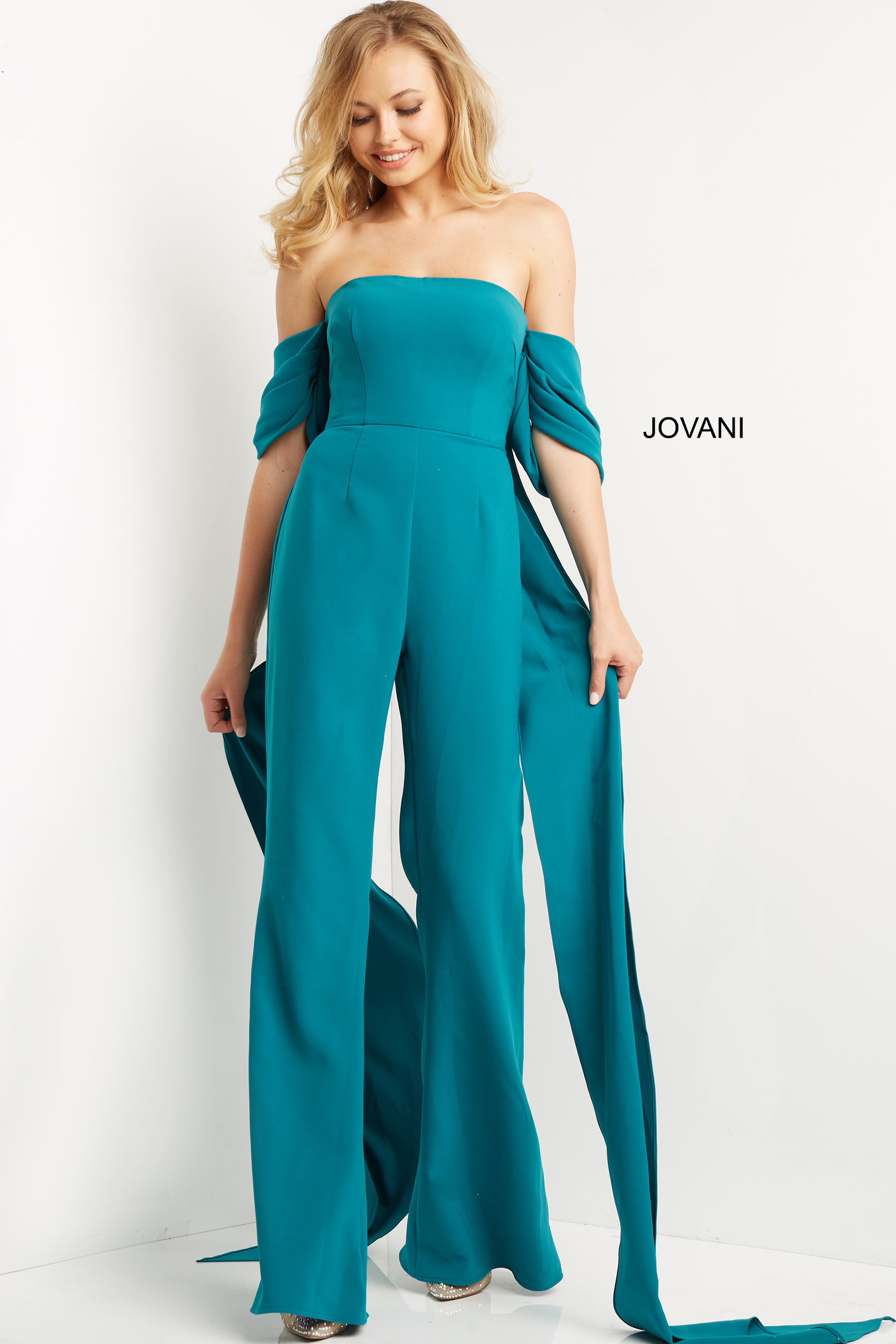 Jovani 08209 Formal Jumpsuit Strapless Cape Sleeves Crepe Fit and Flar ...