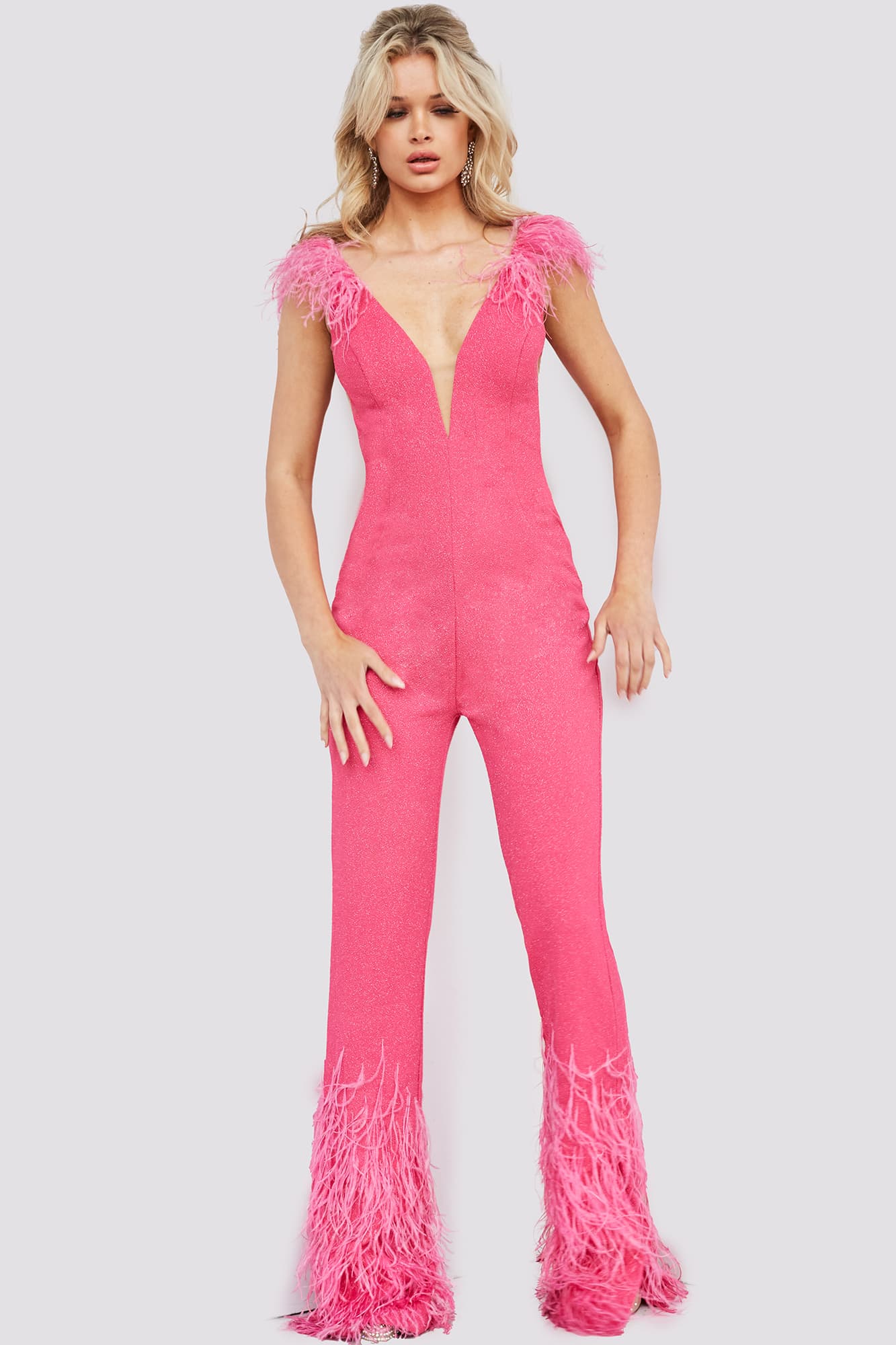 Jovani 08554 Size 6 Hot Pink Shimmer Jumpsuit Feather Pant Legs Slit V ...
