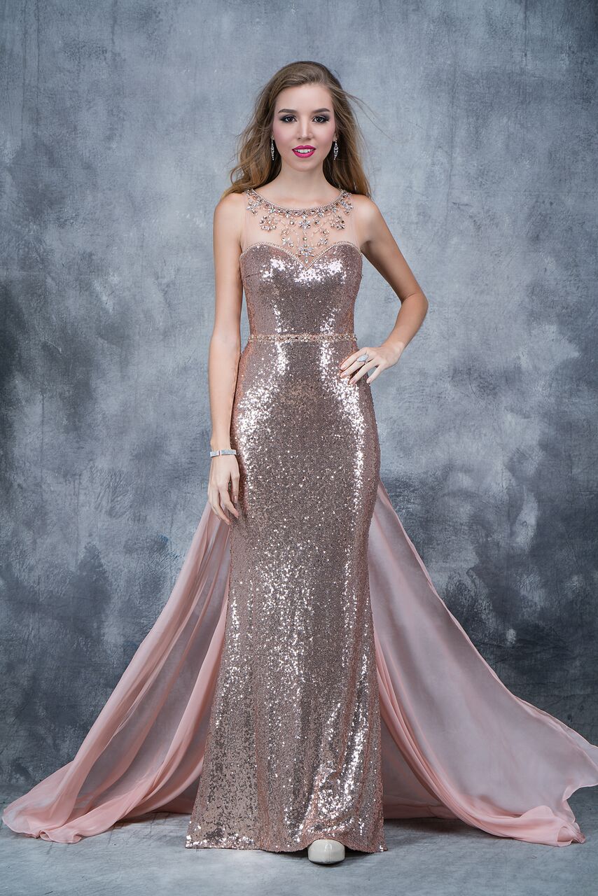 Nina Canacci 1346 Size 4 Rose Gold sequin prom dress Sheer high Neck T ...