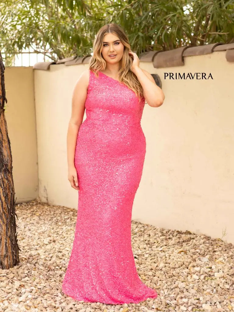 Primavera Couture 14004 Size 20 Neon Pink Long Fitted One Shoulder Seq –  Glass Slipper Formals