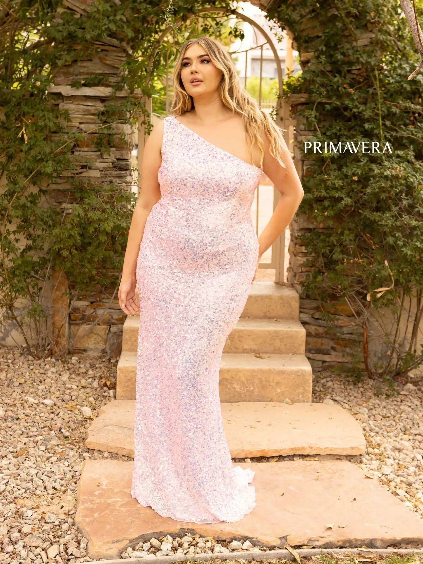 Plus Size One Shoulder Sequins Pink Long Prom Dress, One Shoulder