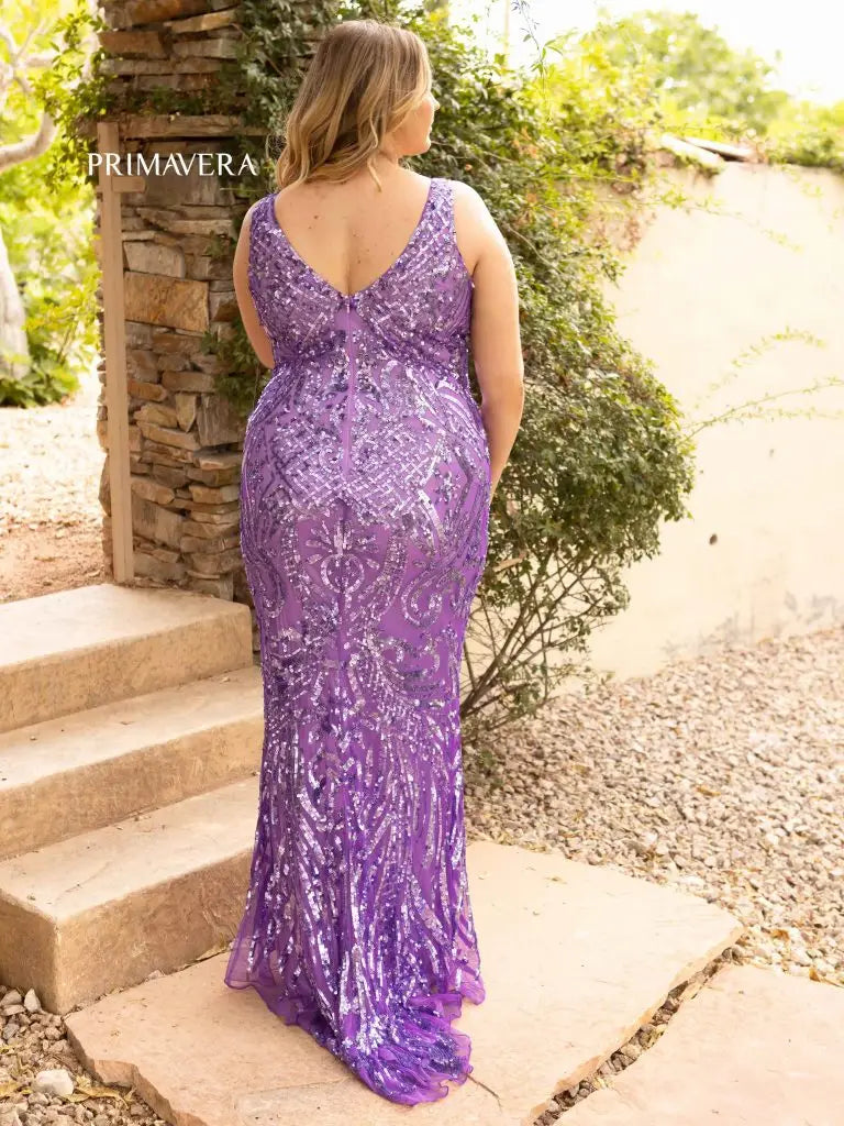 Long Mermaid V-neck Sequins Backless Prom Dress Lilac Formal