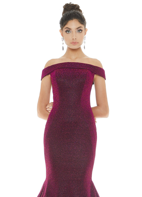 Jovani Dress 25831  Burgundy off the shoulder A line dress 25831