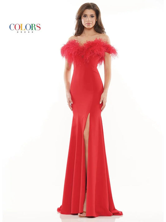 Colors Dress 2405 Size 12 Hot Pink Fitted One Shoulder Feather Embellished  Prom Dress Slit Gown