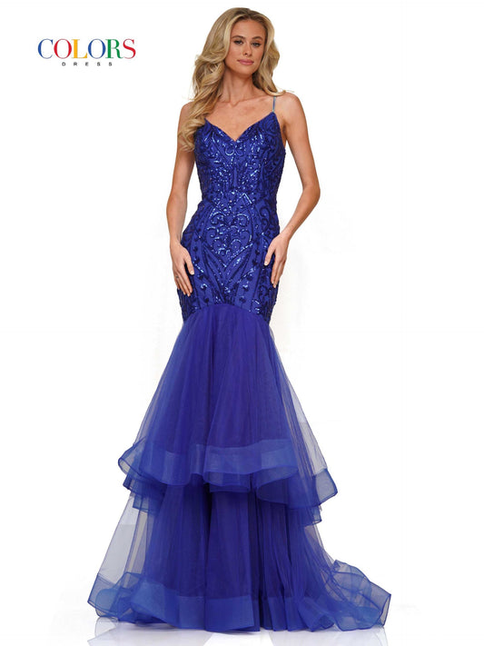 Colors Dress 3219 Size 10 Blue Long Sheer Lace Corset Ball Gown Prom Dress  Corset Ruffle Layer Formal Gown