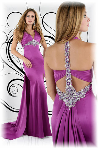 Xcite Prom Dress 30189 Rasberry satin long gown size 12 Halter Crystal ...