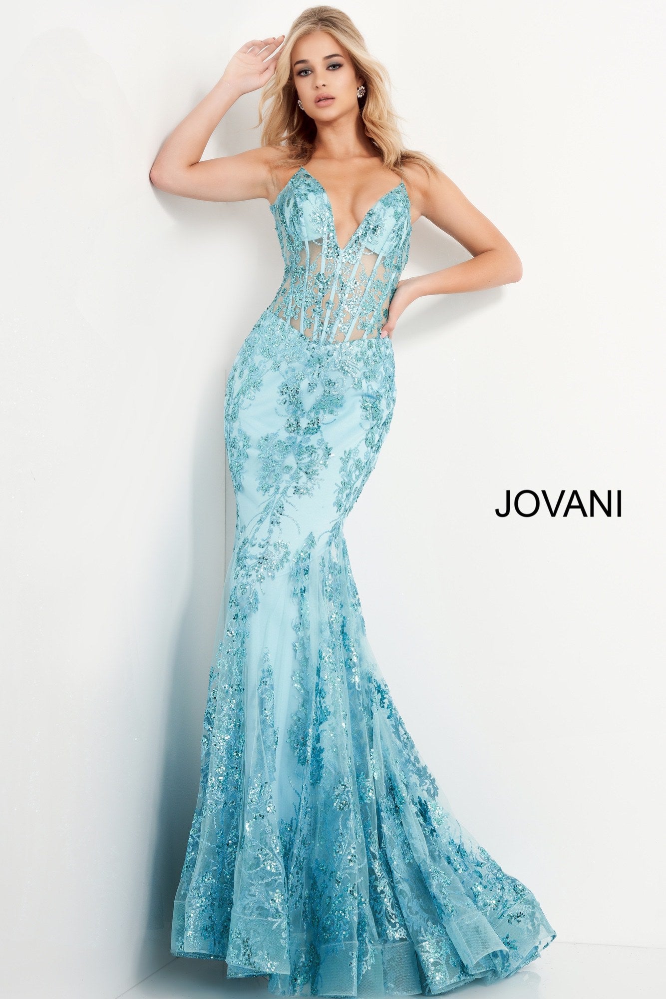 Jovani 3675 Prom Dress Sheer Corset Shimmer Mermaid Pageant Gown ...