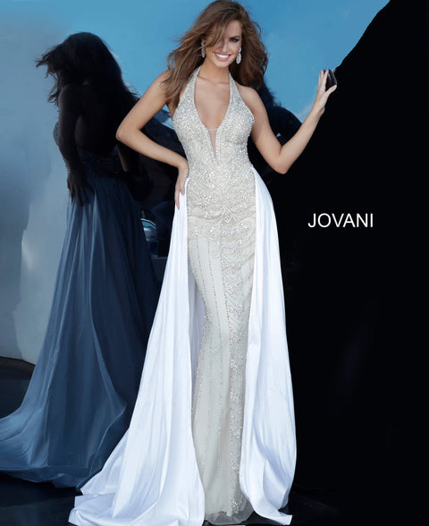 Jovani Couture S59005 Long Sleeve Fitted Dress Sheer Sexy V Neck