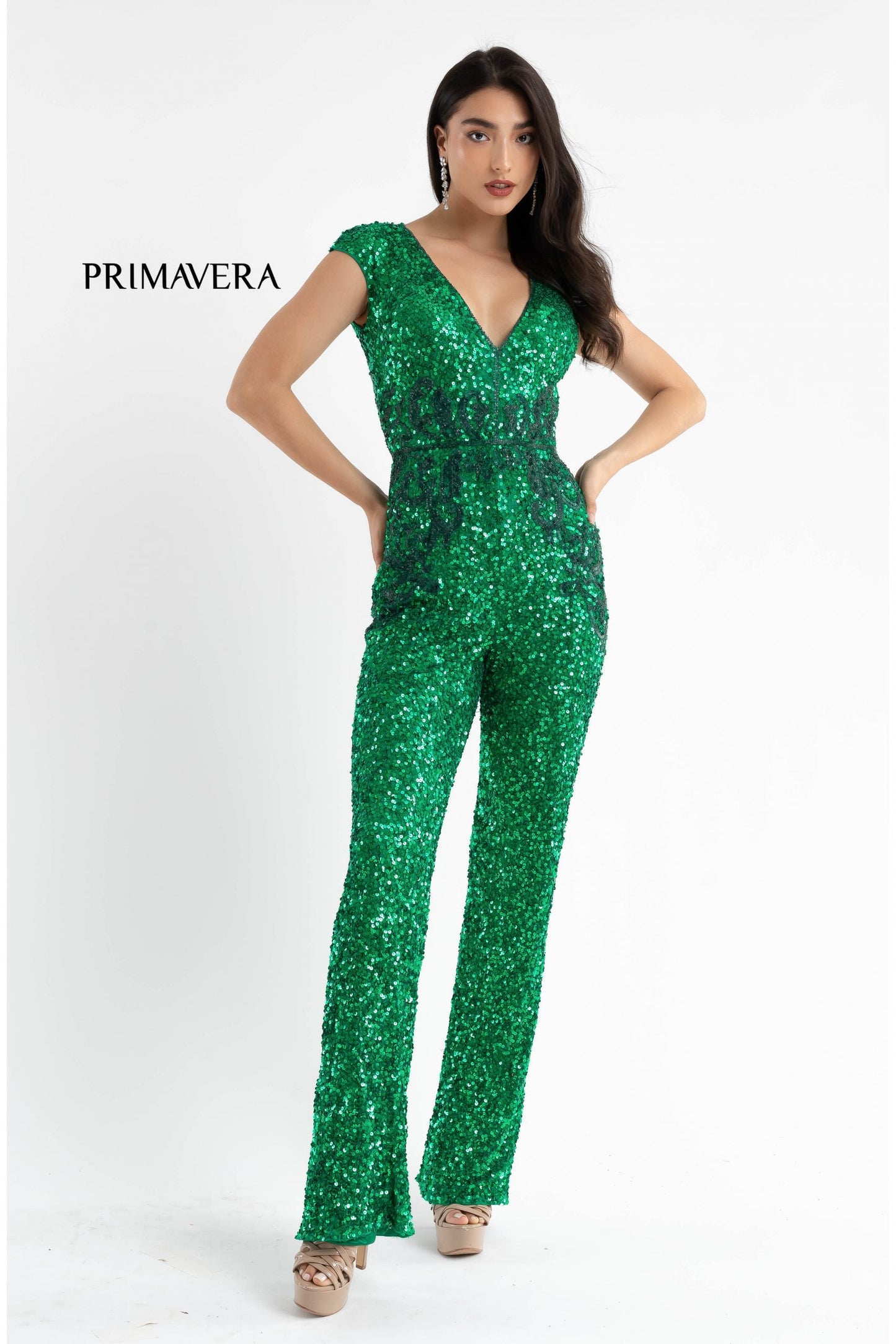 Primavera Couture 3775 Size 12 Turquoise Sequined Jumpsuit Beaded Waist and Hips Cap Sleeves