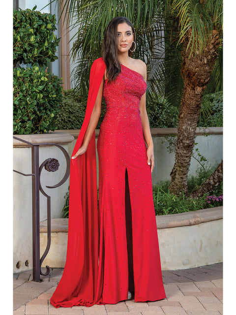 Naeem Kahn Seed Bead One Shoulder Gown with Cape - District 5 Boutique