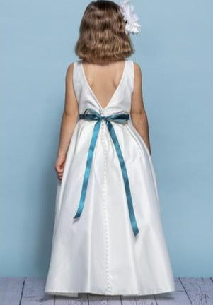 Rosebuds 5139 Long Pleated Satin Flower Girl Dress Bling Belt First Co ...