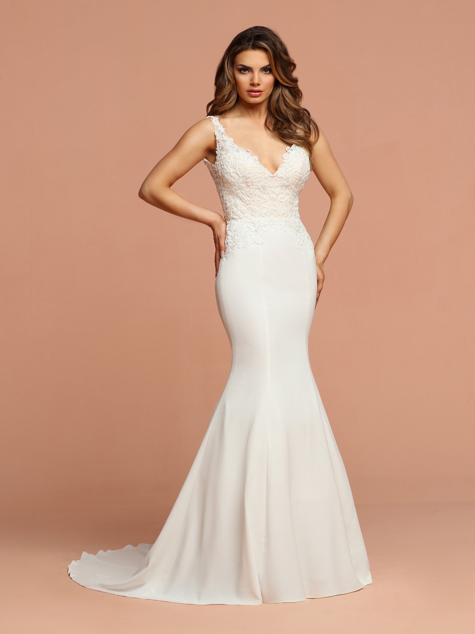 Davinci Bridal 50592 Crepe Mermaid Sheer Lace Wedding Dress Open Back Glass Slipper Formals 6761