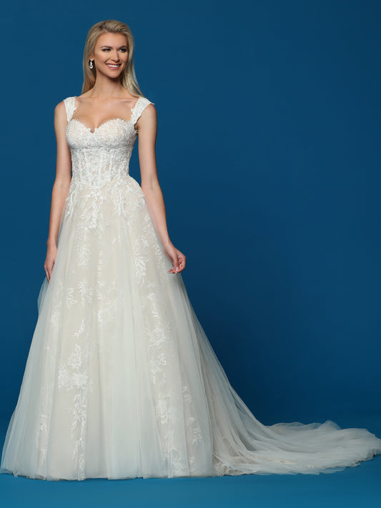 Davinci Bridal 50806 A Line Lace Cape Wedding Dress Sheer Crystal Plunging  neckline
