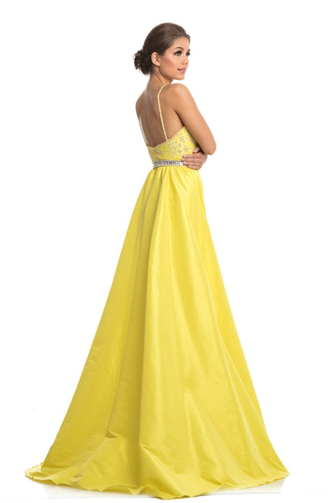 Gown with a diamond-shaped back panel, canary yellow silk dress with high  waist, diamond-shaped back insert, long sleeves and trimmed with a white  along the skirt hem and yellow silk trimmings with