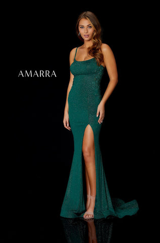 Amarra 87258 Long Fitted Shimmer Prom Dress Slit Sheer lace backless Gown Fitted shimmer jersey gown featuring a scoop neckline, embellished rhinestone lace appliques on the sides, high leg slit, and sweep train.  Available Sizes: 00-16  Available Colors: Emerald
