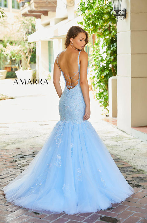 Amarra 88554 Long Prom Dress Fitted Sequin Backless Corset V Neck