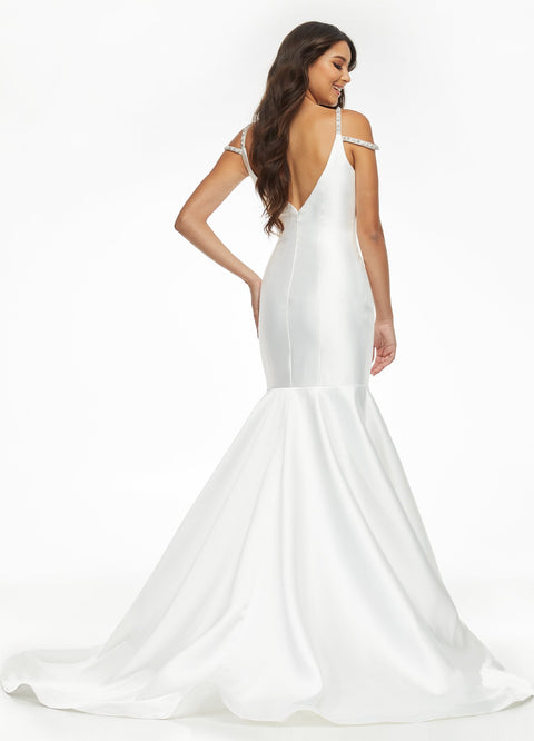 White Satin Halter Strap Split Long Formal Dress - Promfy