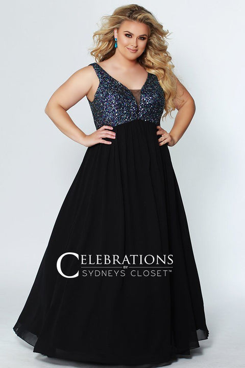 Sydney's Closet CE2015 Metallic Evening Dress Plus Sized Long Sleeves –  Glass Slipper Formals