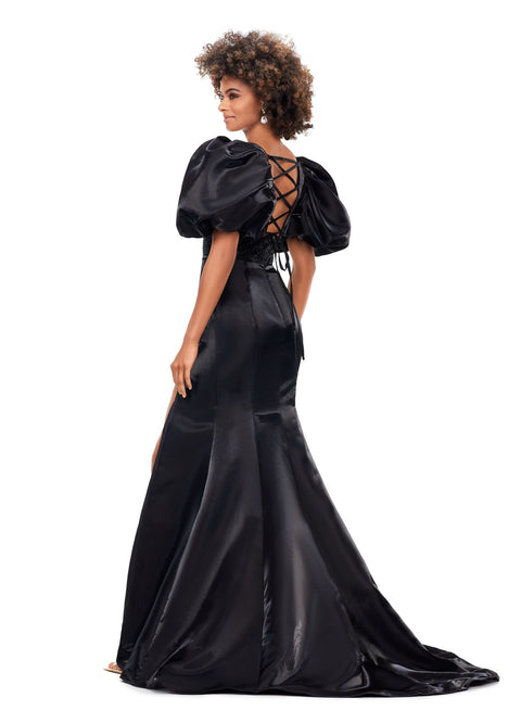 black liquid satin evening dress, sheerglamour