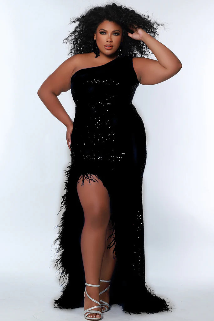 Xpluswear Plus Size Black Glitter Print Formal Elegant One Shoulder Ruched  High Slit Maxi Dress