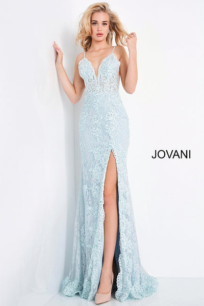 Jovani JVN00864 Long Fitted Lace Wedding Dress Prom Dress Slit V Neckl ...