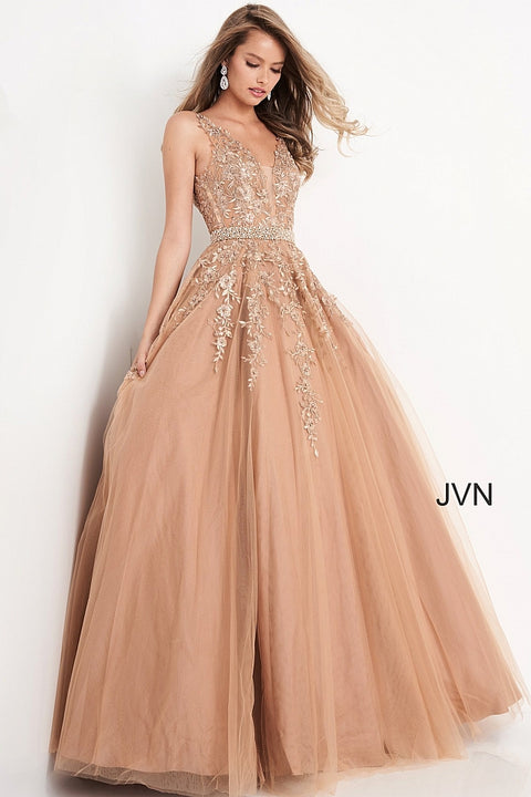 Short Sleeves V Neck Gold Tulle Long Prom Dresses, Gold Tulle Long For –  jbydress