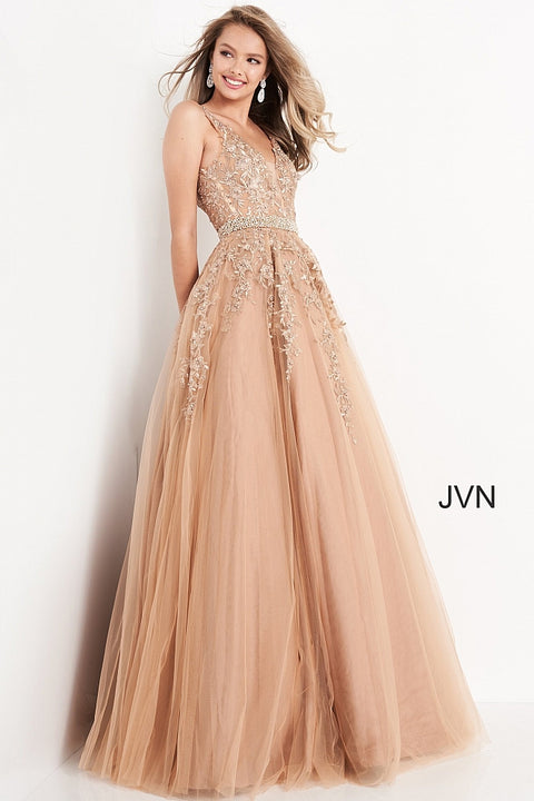 Jovani JVN 00923 Long Floral Lace Ballgown Prom Dress Halter