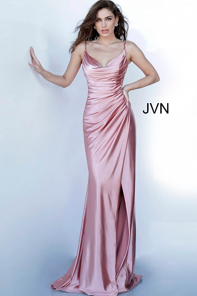 Jovani JVN03104 Long Fitted Ruched Satin Prom Dress Evening Gown Cowl