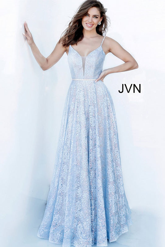 Jovani JVN00864 Light Blue Prom Dress Size 6 Long Fitted Lace Slit V N –  Glass Slipper Formals