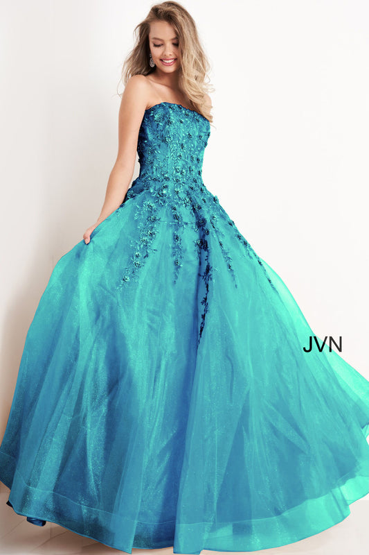 Jovani JVN00923 Long Embellished Lace Ballgown Prom Dress Crystal Belt  Halter Plunging