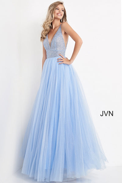 Jovani JVN05818 Long A Line Glitter Tulle Sheer V Neck Prom Dress Back ...