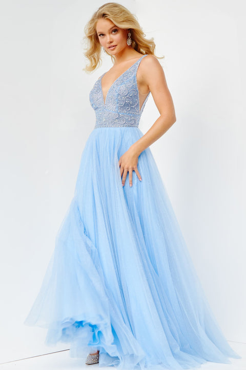 V Neck Shiny Sequins Blue Tulle Tea Length Prom Dress, Blue Tulle  Homecoming Dress, Short Blue Formal Evening Dress A1670