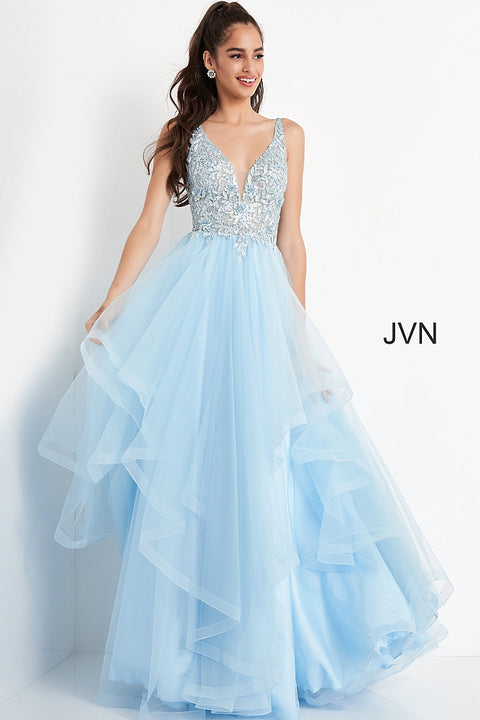 A Line V Neck Light Blue Lace Long Prom Dresses, Light Blue Floral Formal  Graduation Evening Dresses SP2633