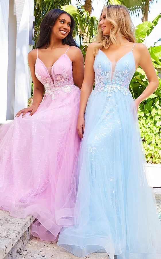 JVN07637 Light Blue Prom Dress Aline V Neckline Glitter Floral Appliqu –  Glass Slipper Formals