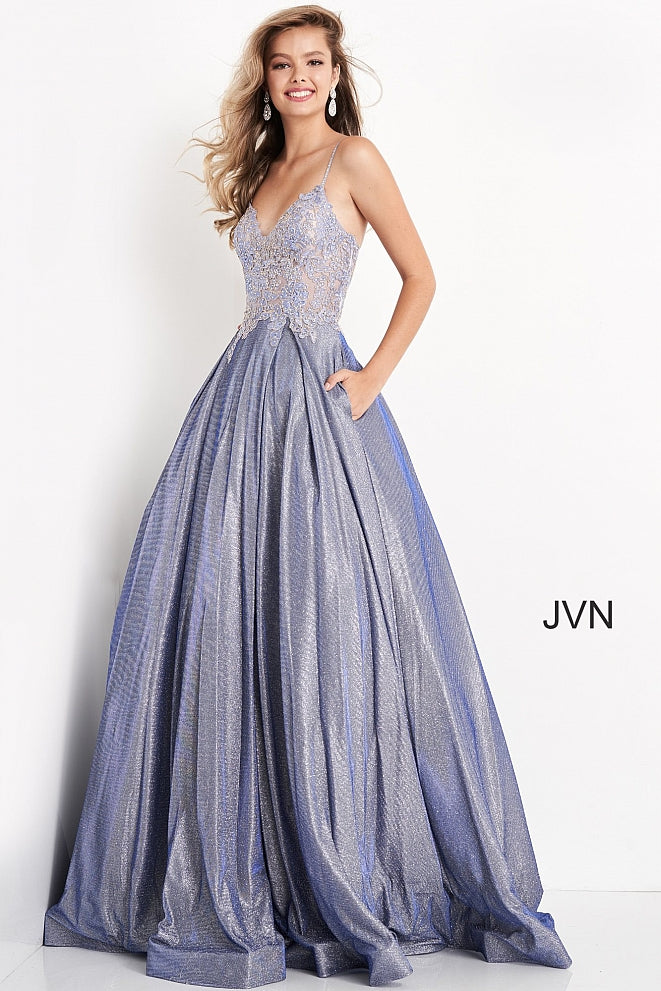 Jovani Jvn2206 Shimmer Sheer Lace Ballgown Prom Dress Pockets Iridesce Glass Slipper Formals 