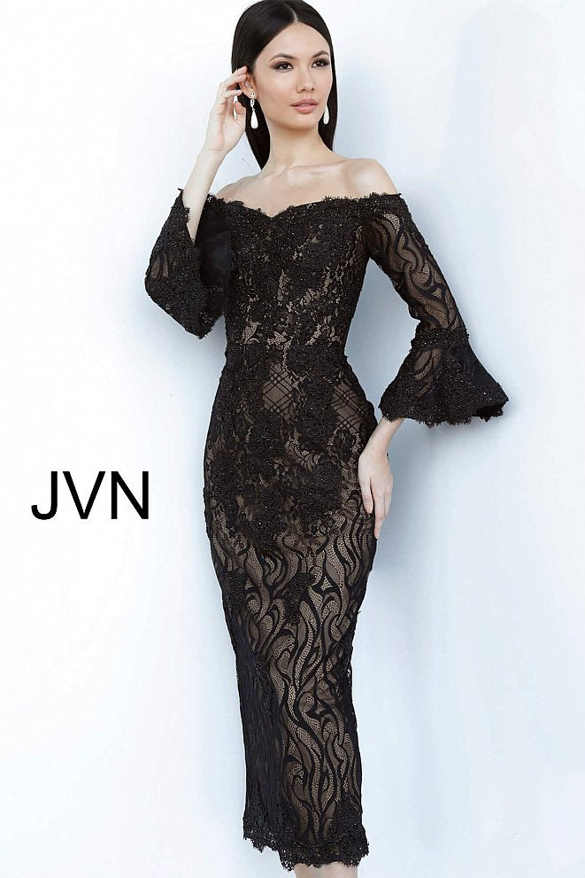 Jovani Jvn2241 Black Dress Lace Bell Sleeve Tea Length Cocktail Dress Glass Slipper Formals 2148