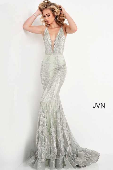 JVN07398  Navy Lace Appliques Spaghetti Strap Prom Dress