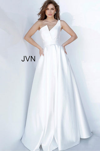 one shoulder white evening gown