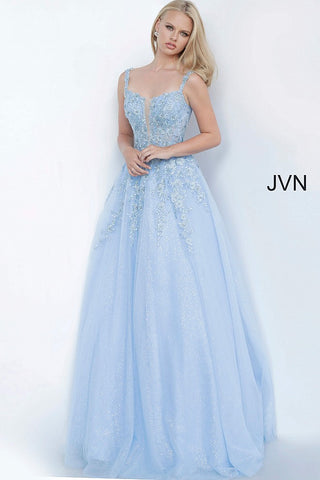 blue embroidered prom dress