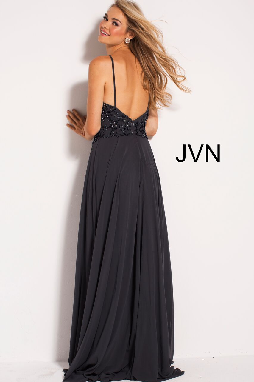 Jovani JVN 50069 Size 4 Charcoal keyhole beaded bodice flowy prom dres ...