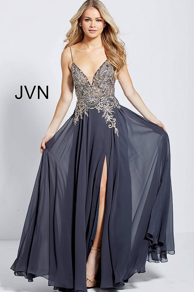 Jovani JVN55885 Charcoal Size 00 high slit flowy Prom Dress Pageant Go ...