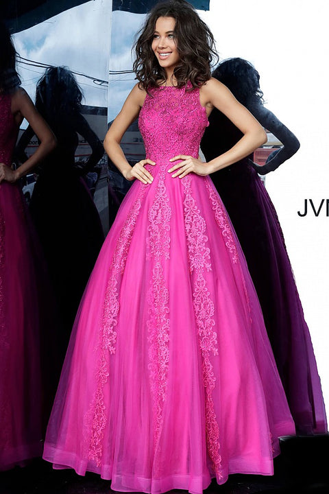 Jovani Dress 26134  Neon pink sheath dress with chiffon tail 26134