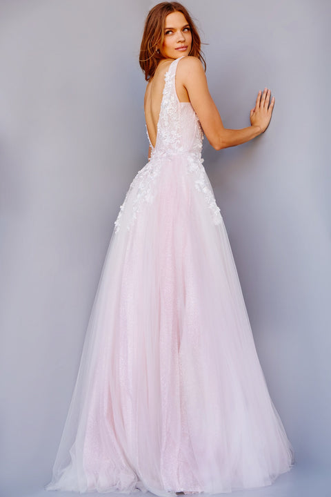 Pink Tulle Long A-Line Prom Dress with Butterfly Lace