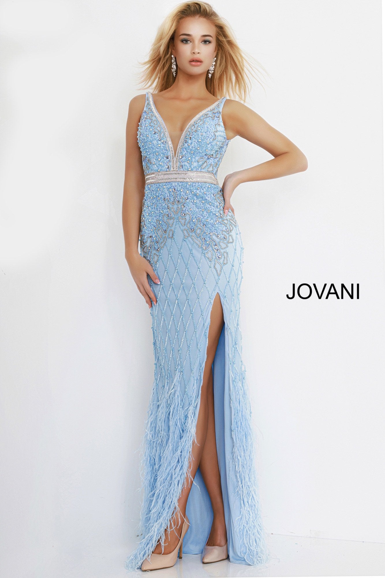 Jovani 55796 v neckline embellished prom dress with feather skirt ...