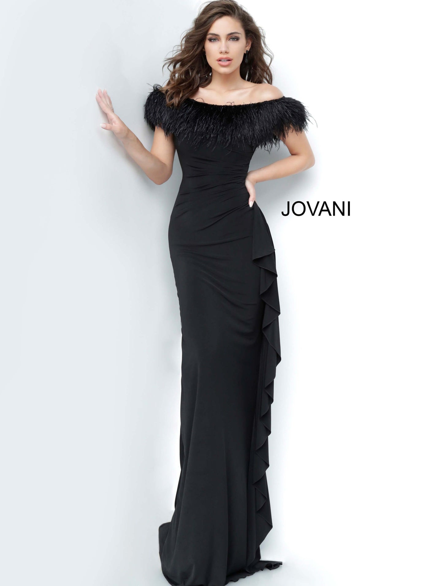 Jovani 1147 off the shoulder feather trim fitted evening gown with ruffle trim   Available colors:  Black  Available sizes:  00-24 