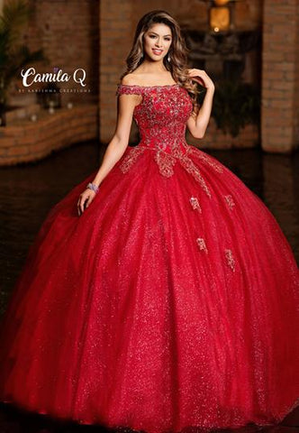 red off the shoulder quinceanera dress