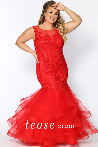 Tease Prom 2043 Size 20 Long Red Plus Size Mermaid Lace Prom Dress