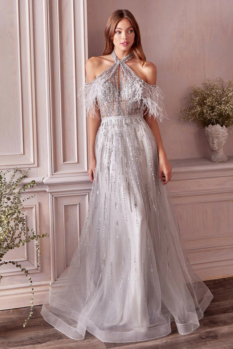 Long Sleeve Off Shoulder Beaded Corset Gown by Andrea & Leo