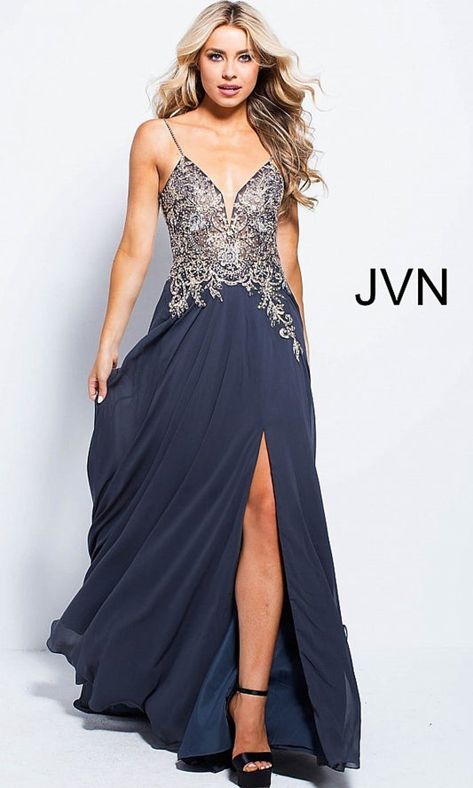 Jovani JVN00864 Light Blue Prom Dress Size 6 Long Fitted Lace Slit V  Neckline