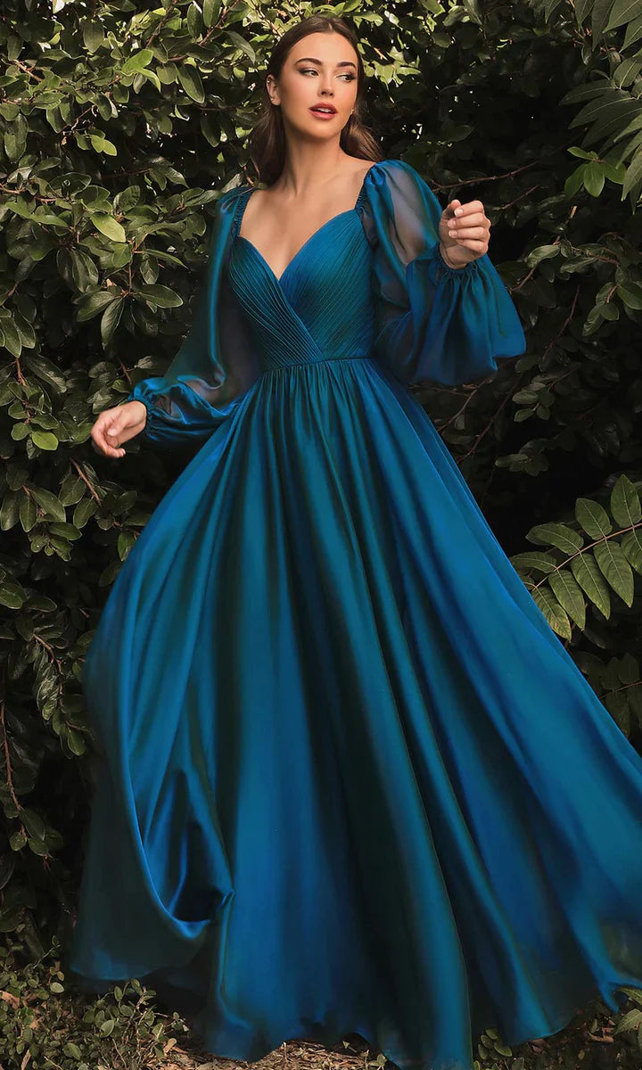 Blue Satin Long A-Line Prom Dress, Simple Blue Short Sleeve Evening Dress